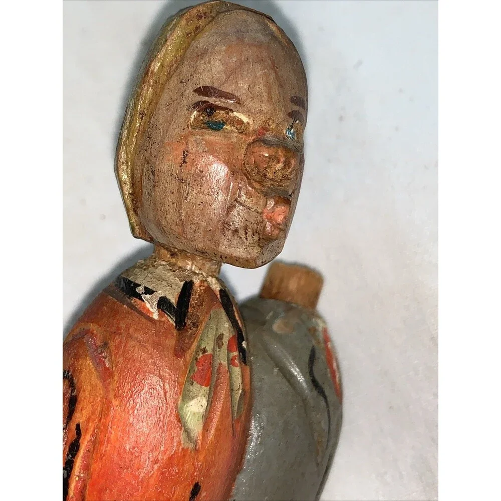 Vintage Hand Carved Mechanical Bottle Stopper Kissing Couple Wood Folk Art FLAWS
